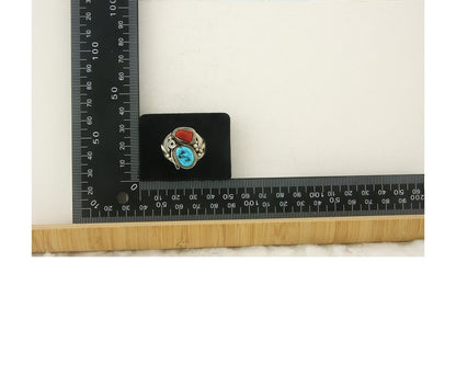 Men Navajo Ring 925 Sterling Natural Coral & Turquoise Signed JM C.80's Sz 12.75