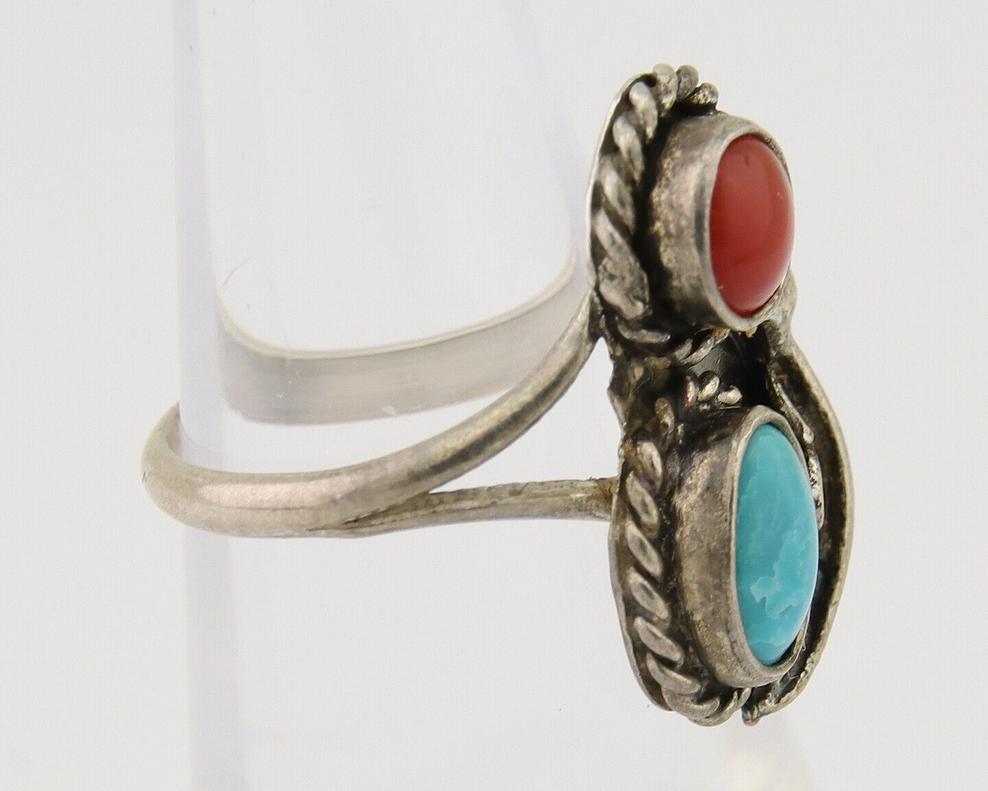 Navajo Handmade Ring 925 Silver Coral & Turquoise Native Artist C.80's