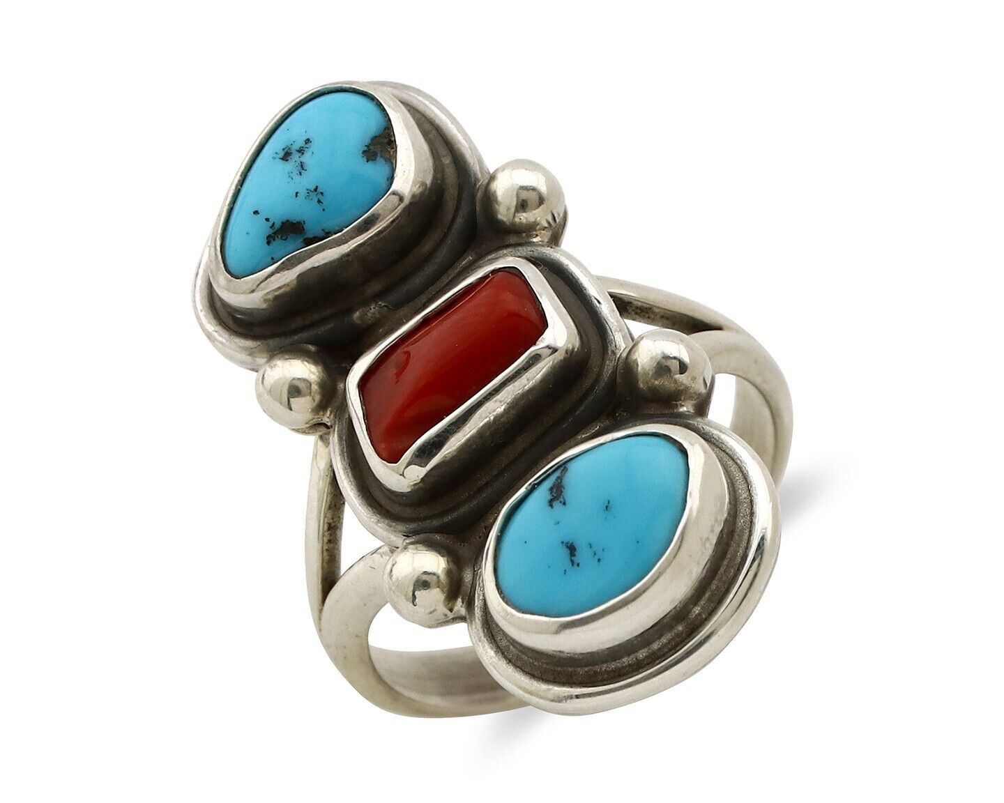 Navajo Ring 925 Silver Sleeping B Turquoise & Coral Native American Artist C.80s