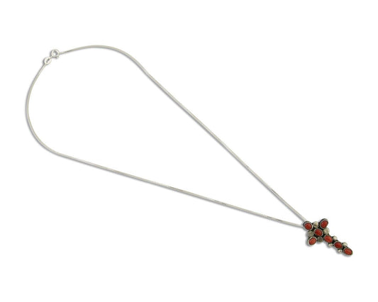 Navajo Cross Necklace 925 Silver Mediterranean Coral Native American Artist C80s