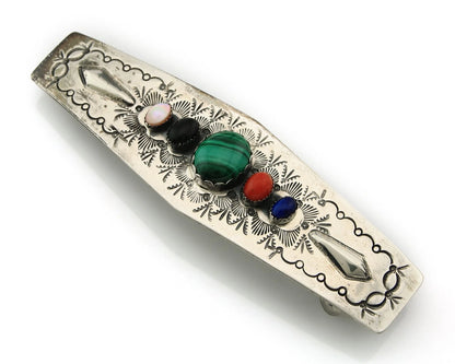 Navajo Barrette Sterling Silver Gemstones Hand Stamped Vintage Signed