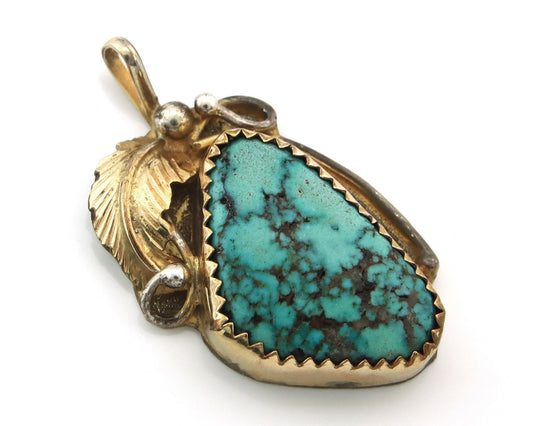 Navajo Pendant Sterling Silver & Gold Natural Blue Turquoise Signed VC