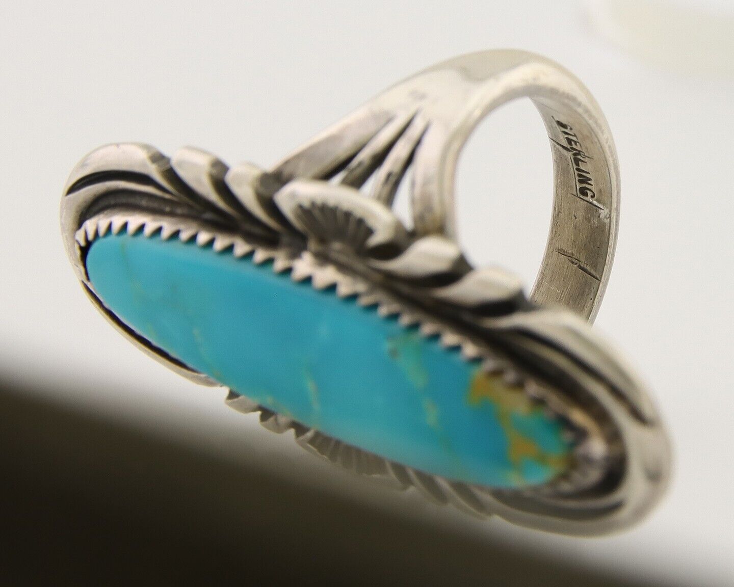 Navajo Hand Stamped Ring 925 Silver Turquoise Native Artist Begay C.80's