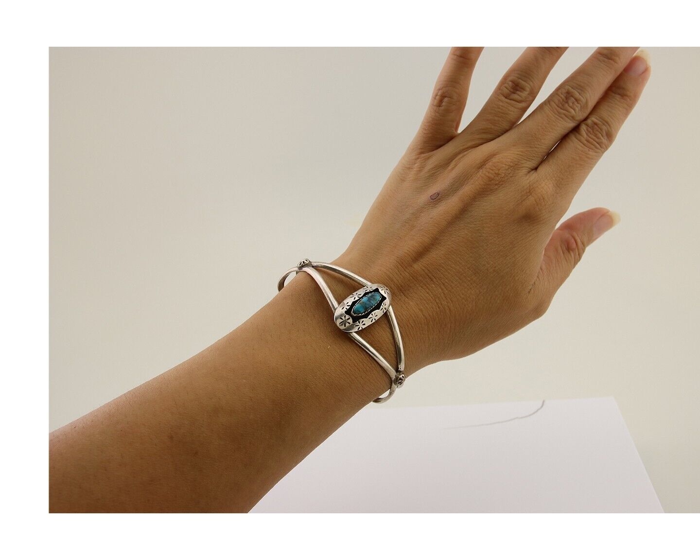 Navajo Hand Stamped Cuff Bracelet Turquoise 925 Silver Native American Artist