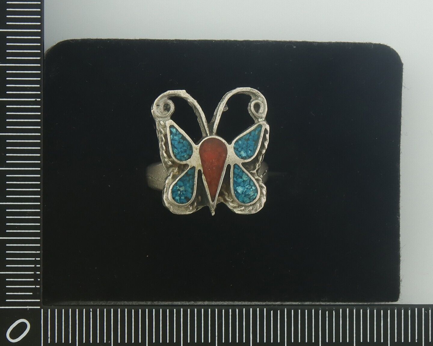 Navajo Ring 925 Silver Inlaid Butterfly Turquoise & Coral C.80's Size 5.0