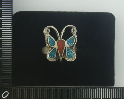 Navajo Ring 925 Silver Inlaid Butterfly Turquoise & Coral C.80's Size 5.0