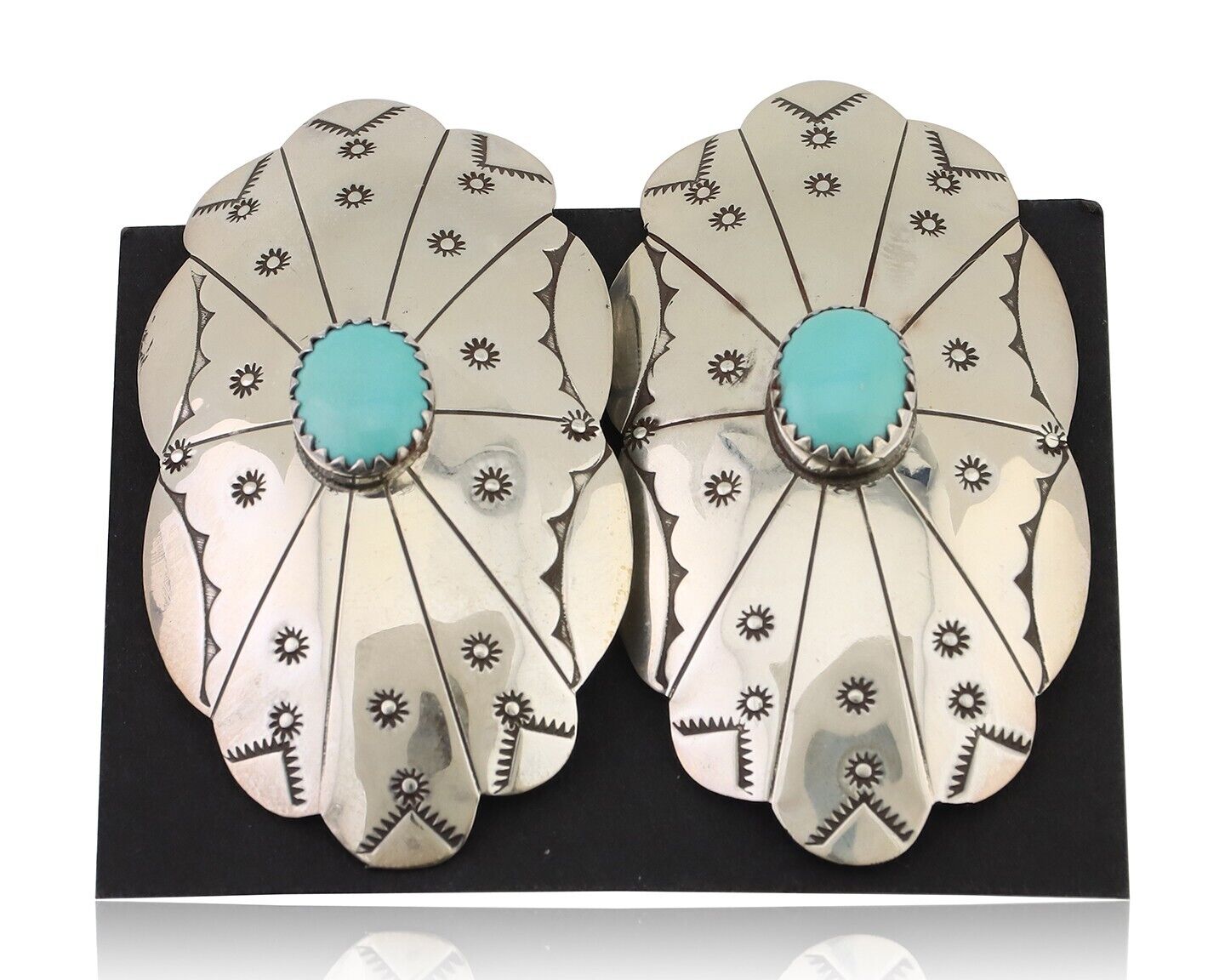 Navajo Hand Stamped Shield Earrings 925 Silver Turquoise Native Artist C.80's