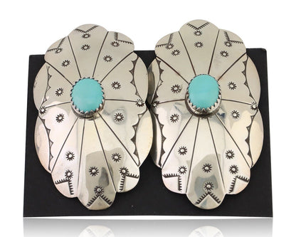 Navajo Hand Stamped Shield Earrings 925 Silver Turquoise Native Artist C.80's