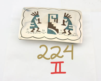 Navajo Belt Buckle 925 Sterling Silver Turquoise & Coral Signed HB C.80's