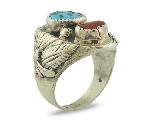 Men Vintage Navajo Ring 925 Sterling Turquoise & Coral Native Artist Size 10
