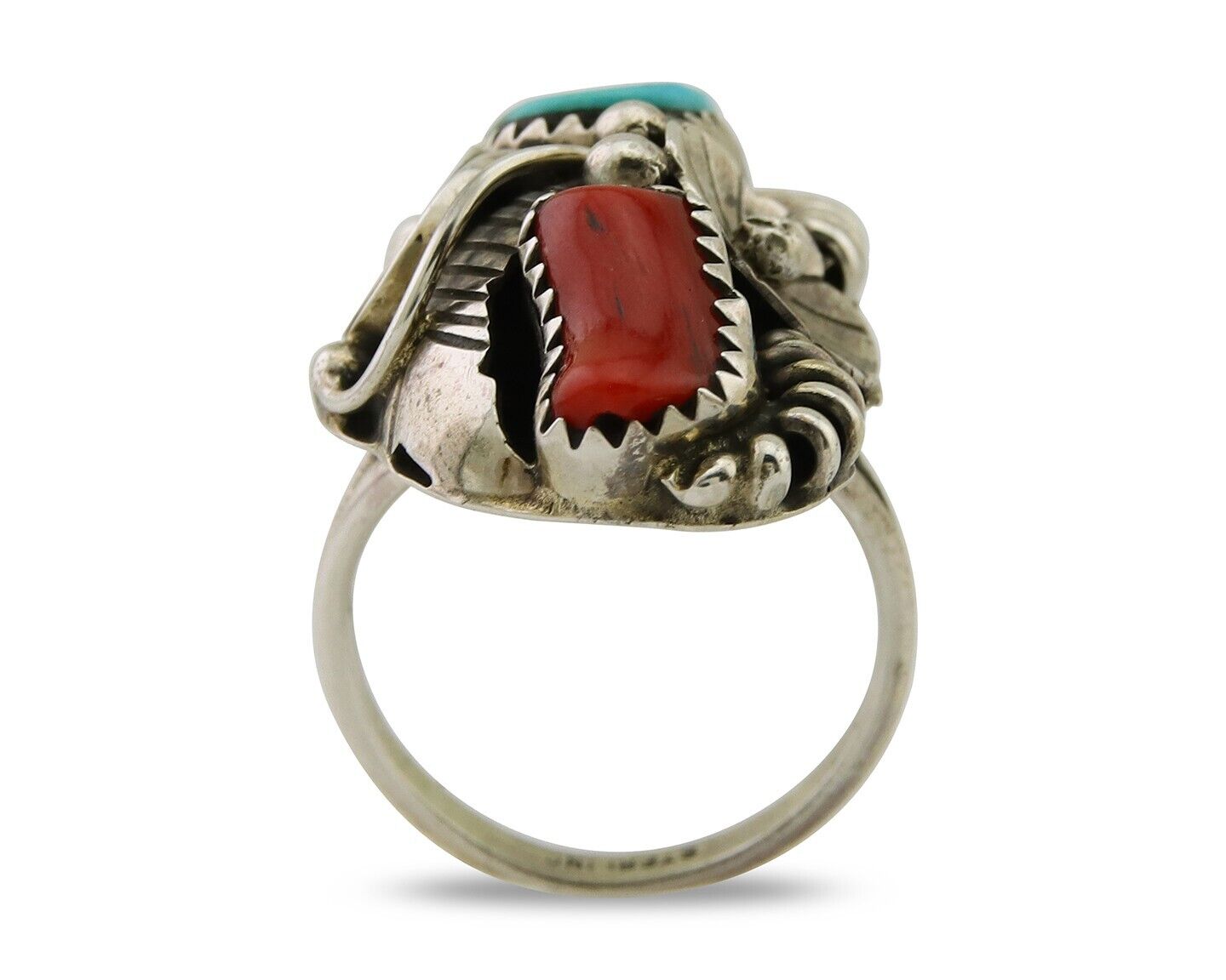 Navajo Handmade Ring 925 Silver Coral & Turquoise Native Artist C.80's