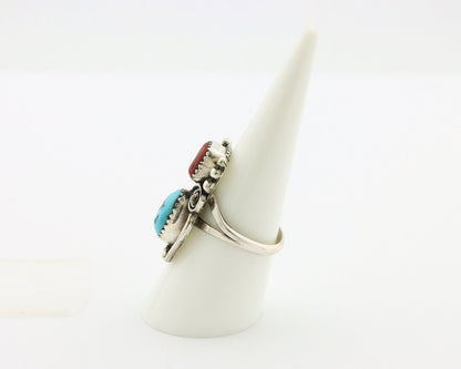 Navajo Ring .925 Silver Turquoise & Coral Artist Signed Justin Morris C.80's