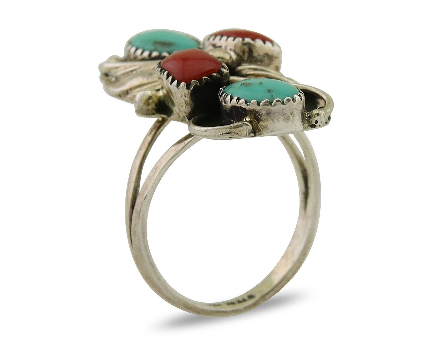 Navajo Handmade Ring 925 Silver Coral & Turquoise Native Artist C.80's