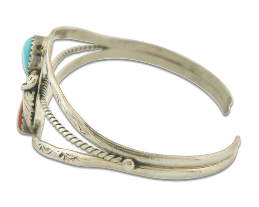 Navajo Bracelet 925 Silver Coral & Turquoise Cuff Signed Running Bear C.80's