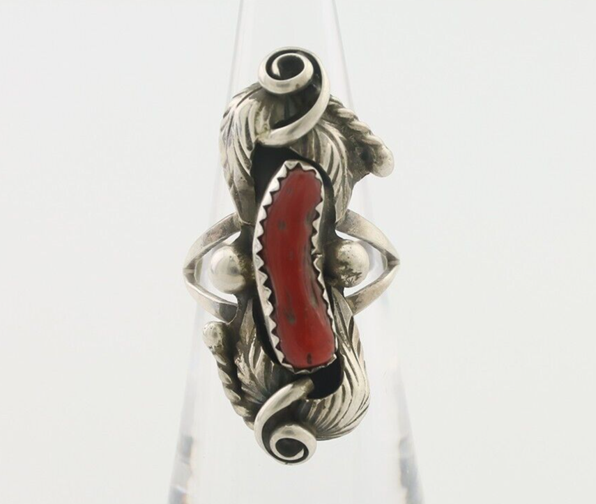 Navajo Handmade Ring 925 Silver Natural Mediterranean Coral Signed Duffy C.80's