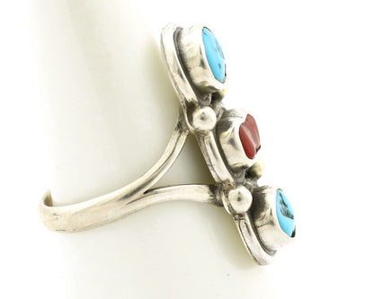 Navajo Ring 925 Silver Sleeping B Turquoise & Coral Native American Artist C.80s