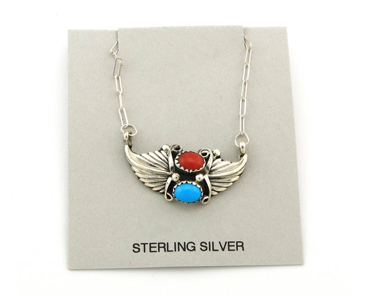 Navajo Necklace Sterling Silver Turquoise Coral Authentic Vintage SN