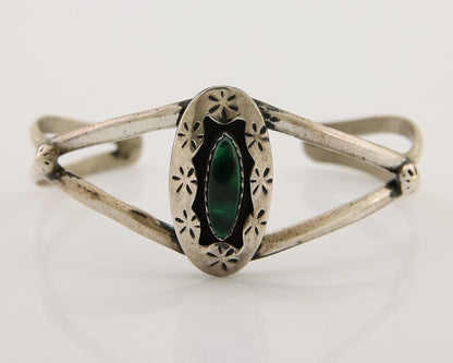 Navajo Hand Stamped Cuff Bracelet Malachite 925 Silver Artist Signed IJC C.80's