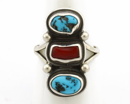 Navajo Ring 925 Silver Sleeping B Turquoise & Coral Native American Artist C.80s