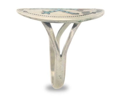 Navajo Ring 925 Sterling Natural Chip Inlay Coral & Turquoise C.80's Size 6.0