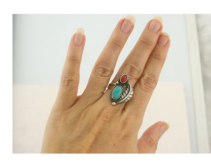 Navajo Ring 925 Sterling Natural Coral & Turquoise Signed EH C.80's Size 6.0