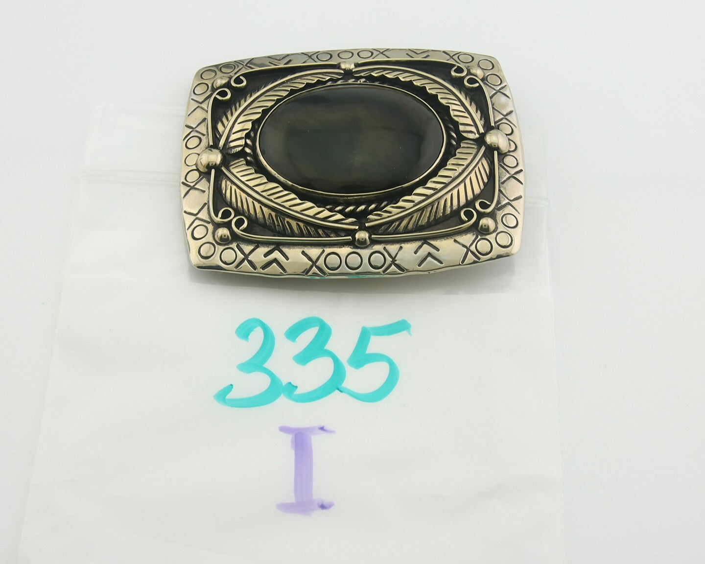 Navajo Belt Buckle .999 Nickel Agate Native Artist Handmade 2.5 x 3.0 in C.80s