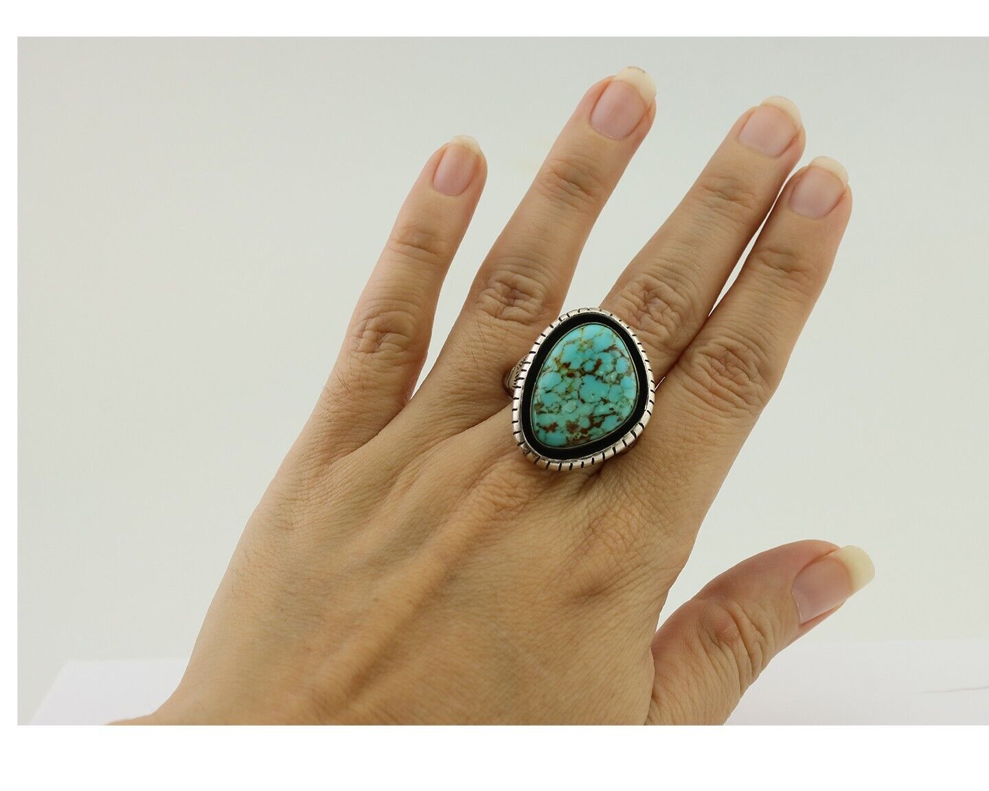 Navajo Handmade Ring 925 Silver Spiderweb Turquoise Signed M Montoya C.80's