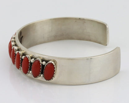 Navajo Bracelet 925 Silver Natural Red Coral Artist Signed Patrick Yazzie C.80's