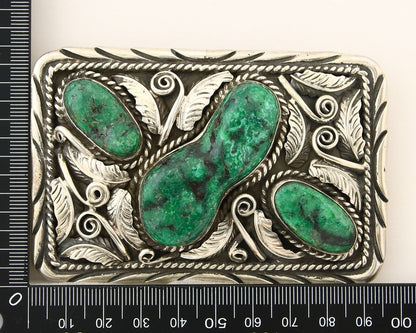 Navajo Belt Buckle 925 Silver Natural Green Slab Turquoise Signed C Montoya C80s