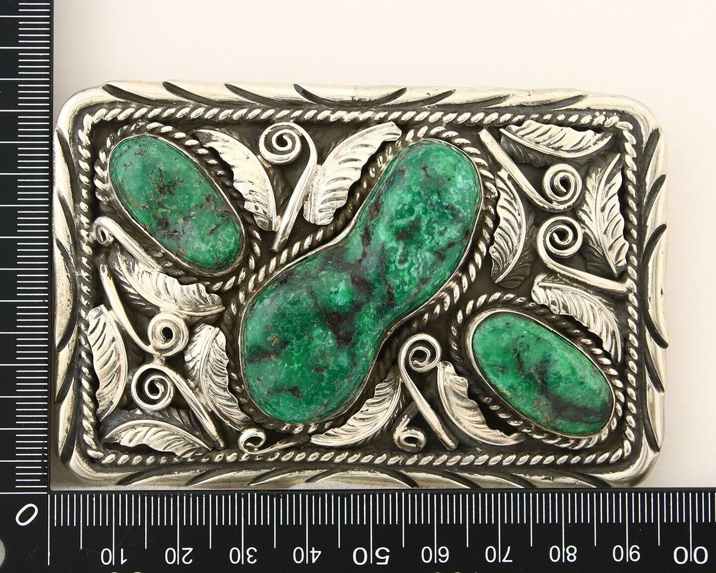 Navajo Ranger Belt Buckle 925 Silver Mined Green Turquoise Signed H Martinez C80