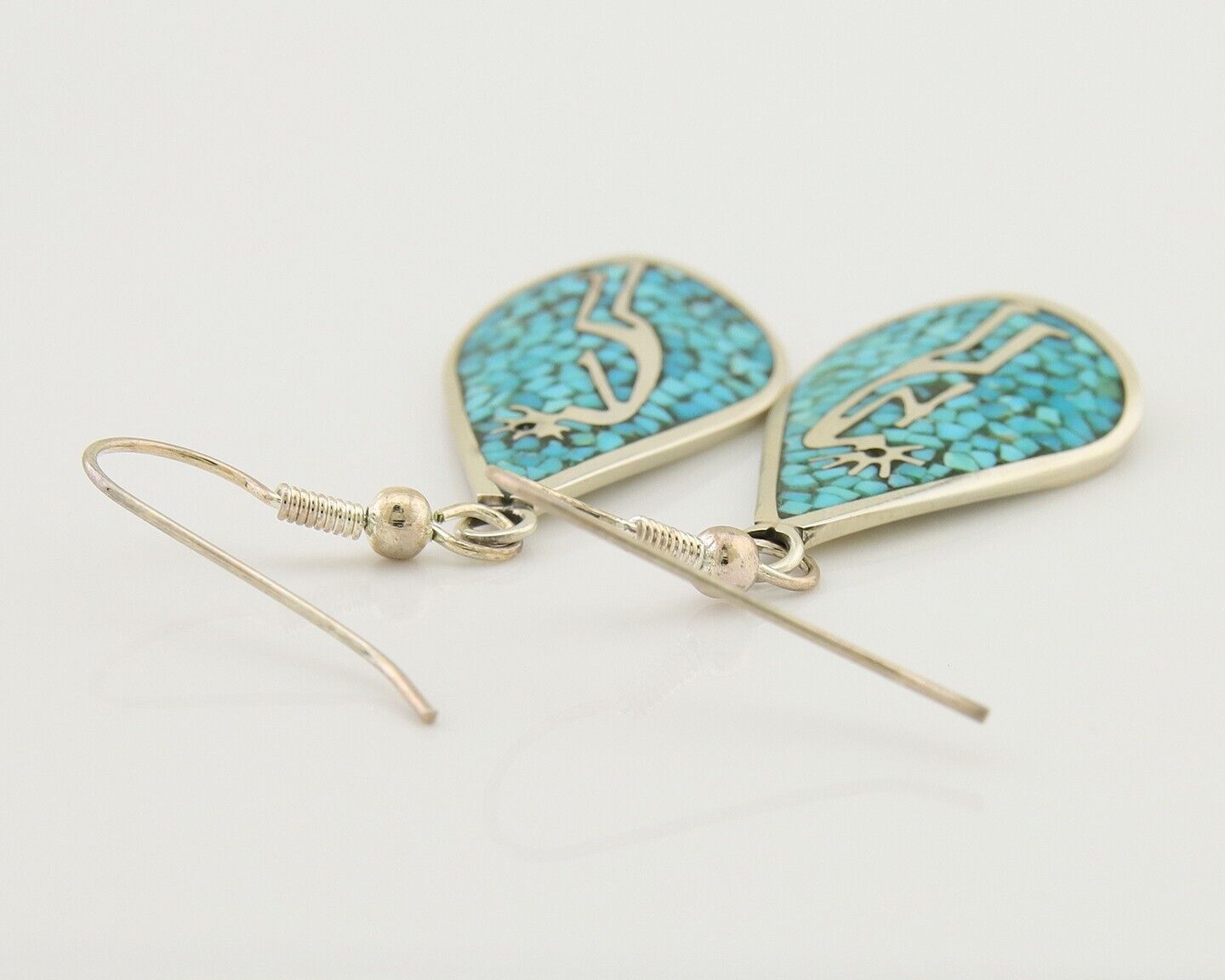 Navajo Kokopelli Earrings 999 Nickel Chip Inlay Turquoise Coral Native American