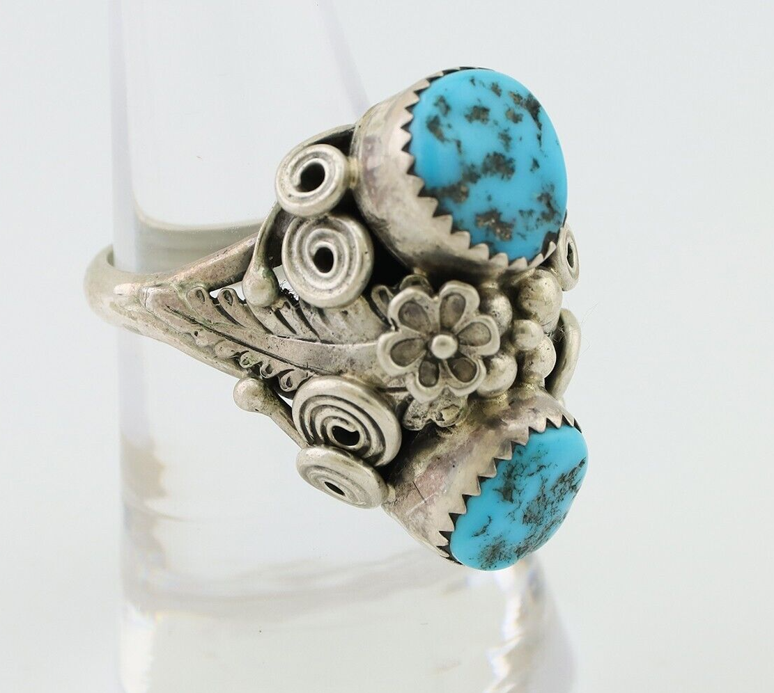 Navajo Handmade Ring 925 Silver Sleeping B Turquoise Artist Signed IHMJ C.80's
