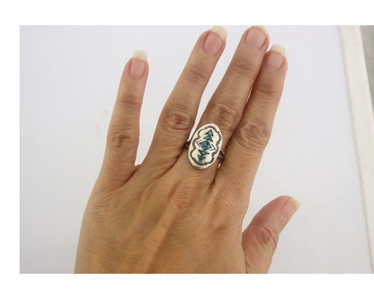 Navajo Ring 925 Sterling Natural Chip Inlay Coral & Turquoise C.80's Size 7.5