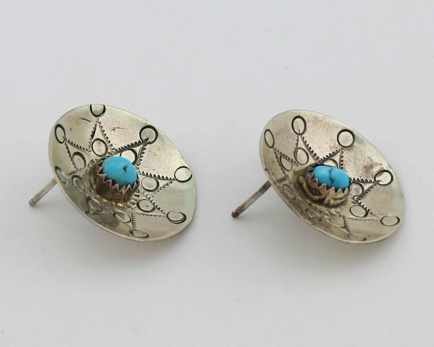 Navajo Hand Stamped Earrings 925 Silver Turquoise Signed Helen Harrison C.80's