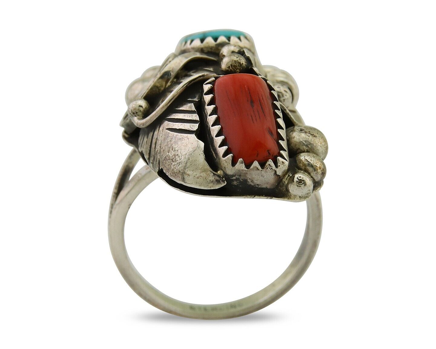 Navajo Handmade Ring 925 Silver Coral & Turquoise Native Artist C.80's