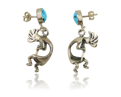 Navajo Dangle Kokopelli Earrings 925 Silver Natural Turquoise Native Artist C80s