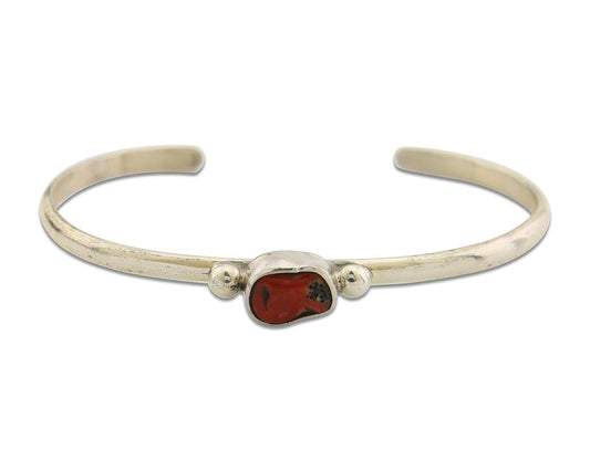 Navajo Bracelet .925 Silver Natural Red Coral Cuff Native American Artist C.80's