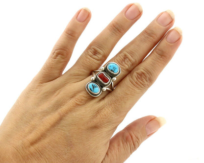 Navajo Ring 925 Silver Sleeping B Turquoise & Coral Native American Artist C.80s