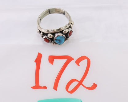 Navajo Ring 925 Silver Coral Turquoise Artist Signed Ella Cowboy C.80's