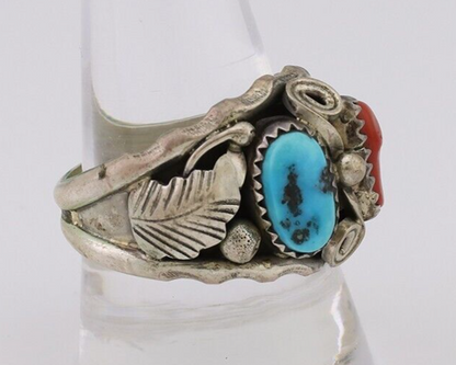 Navajo Ring 925 Silver Coral Turquoise Artist Signed Max Calabaza C.80's