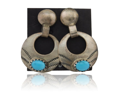 Navajo Dangle Earrings 925 Silver Natural Turquoise Artist Signed KF C.80's
