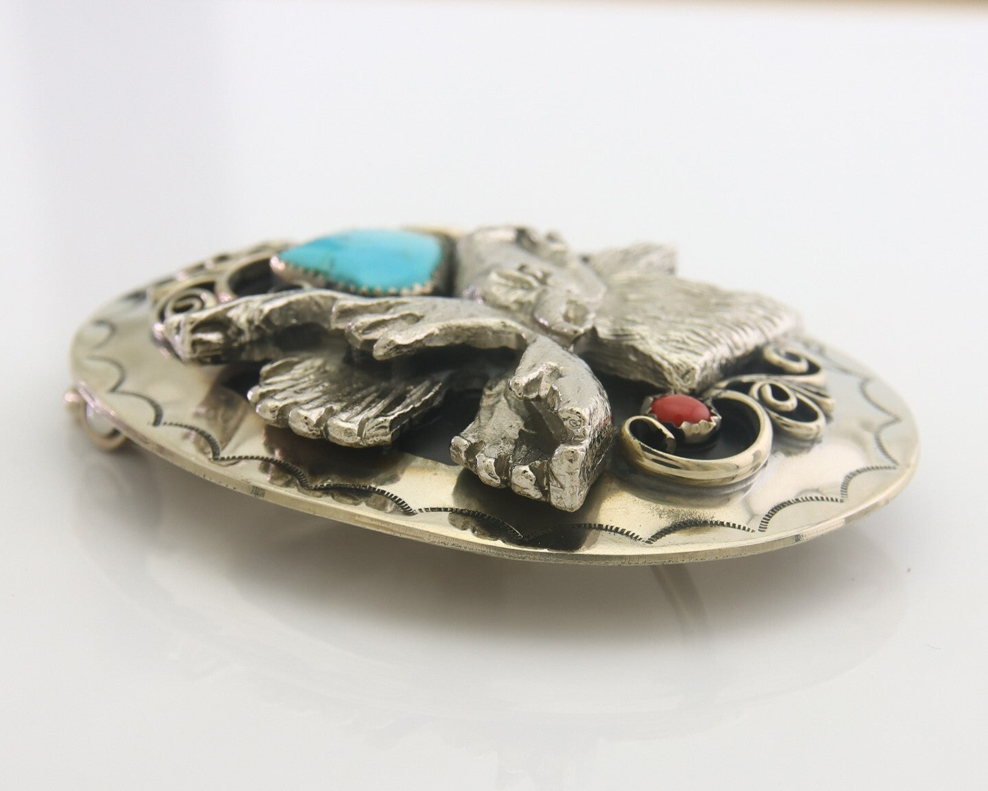 Navajo Belt Buckle .999 Nickel Buffalo Gemstone Signed 2.35 x 3.0 in C.80's