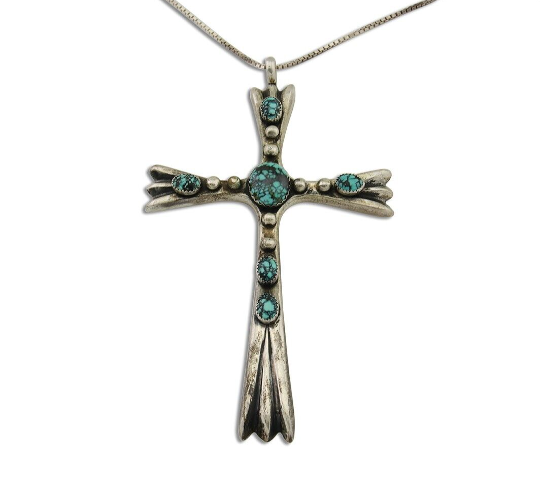 Navajo Sand Cast Cross Pendant 925 Silver Turquoise Signed FJ Begay C.80's