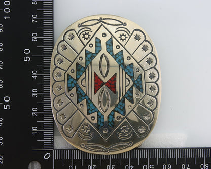 Navajo Belt Buckle .999 Nickel Buffalo Gemstone Signed Chee Keams 2.25x3.0 C.80s