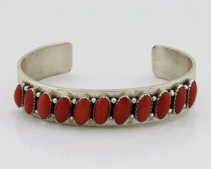 Navajo Bracelet 925 Silver Natural Red Coral Artist Signed Patrick Yazzie C.80's