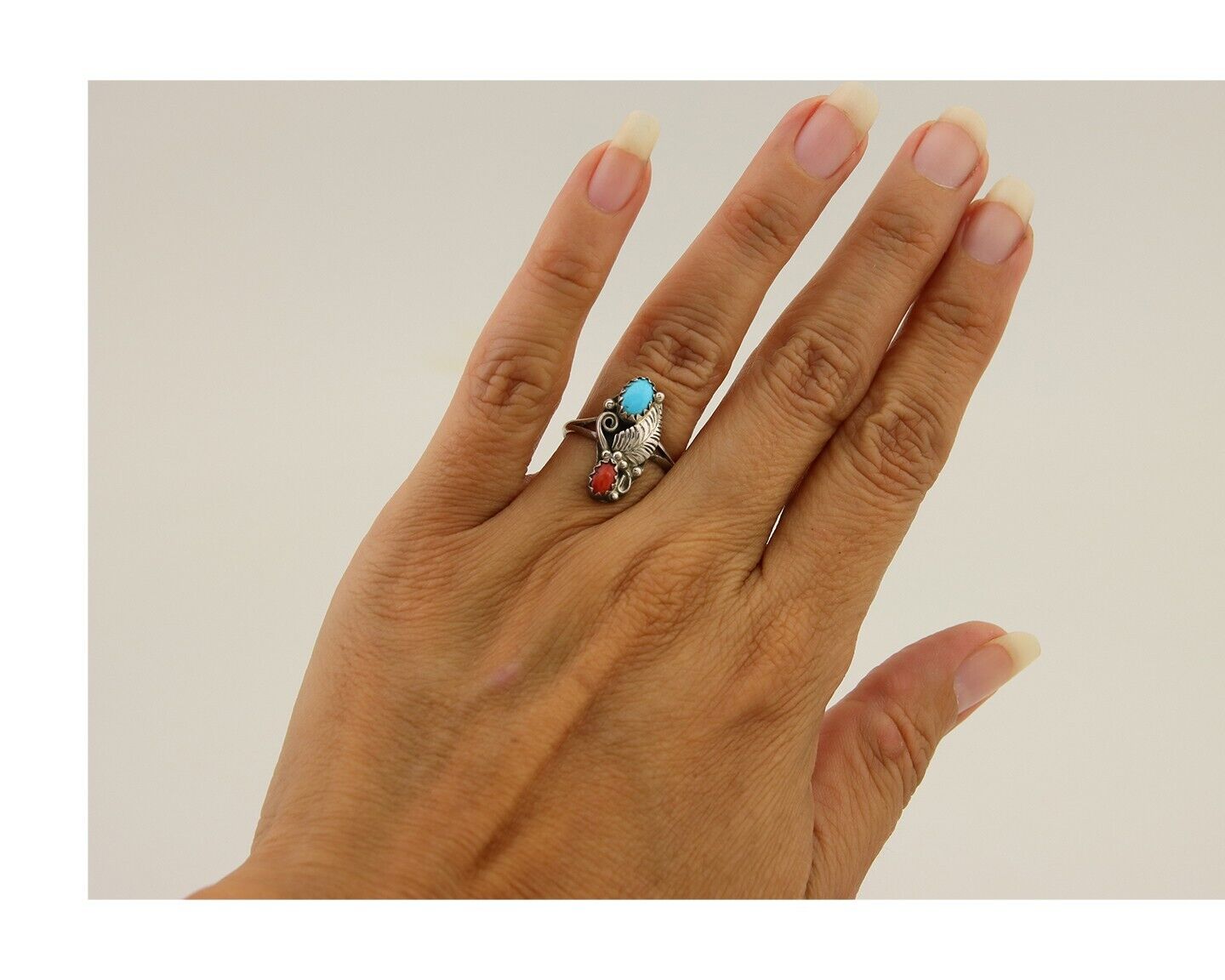 Navajo Handmade Ring 925 Silver Turquoise & Coral Native Artist C.80's