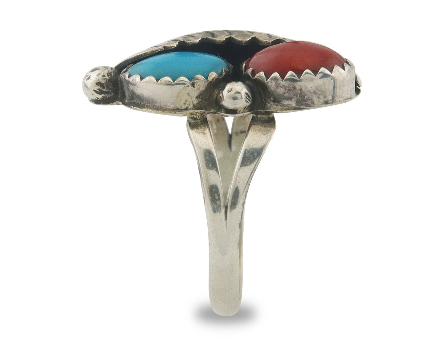 Navajo Ring 925 Sterling Natural Coral & Turquoise Signed BB C.80's Size 6.0