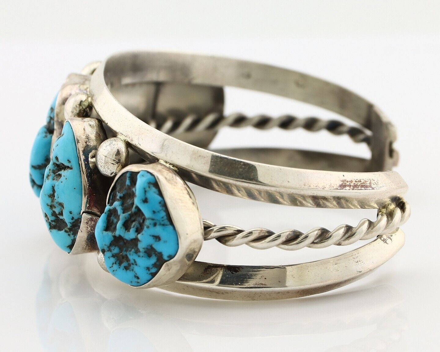 Navajo Bracelet 925 Silver Nugget Sleeping Beauty Turquoise Artist Signed JR C80