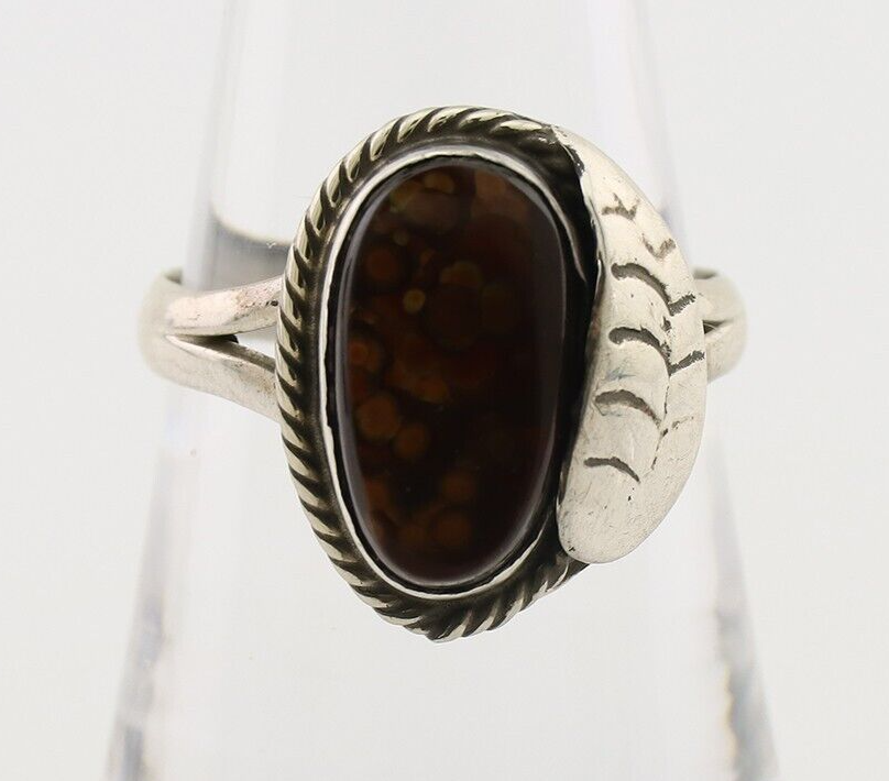 Navajo Handmade Ring 925 Silver Natural Fire Opal Native Artist Size 8.0 C.80's