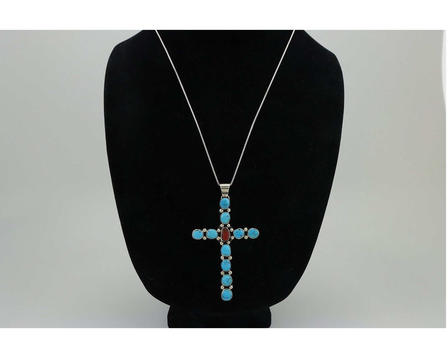 Navajo Cross Necklace 925 Silver Blue Turquoise Artist Signed JWJ C.80's